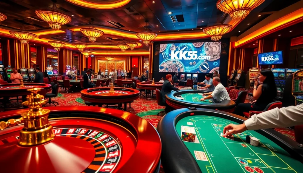 Experience the excitement of gambling at KK55.com with a vibrant casino scene featuring roulette and poker action.