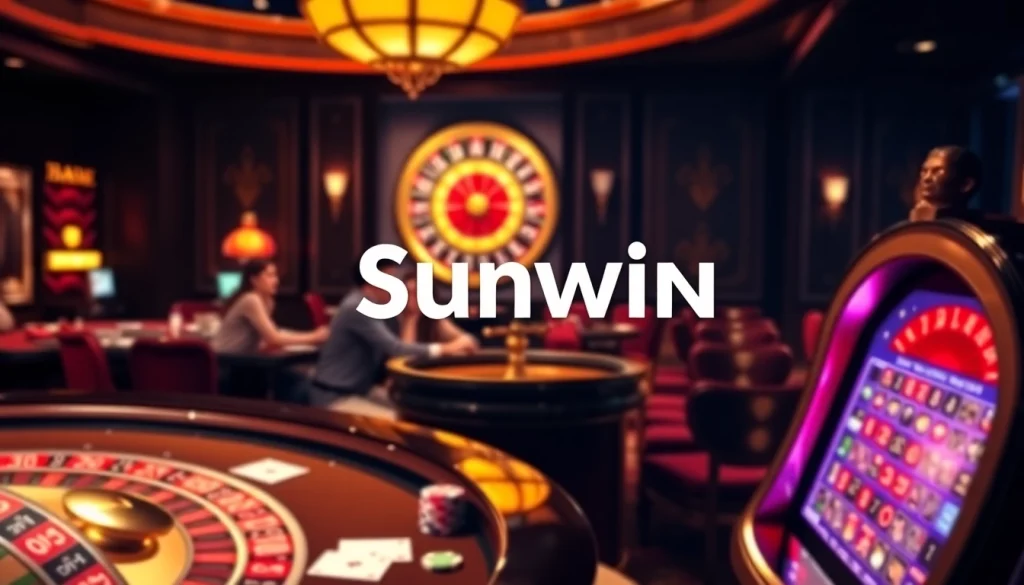 Experience the thrill of gambling at Sunwin with an engaging casino scene featuring players and games.