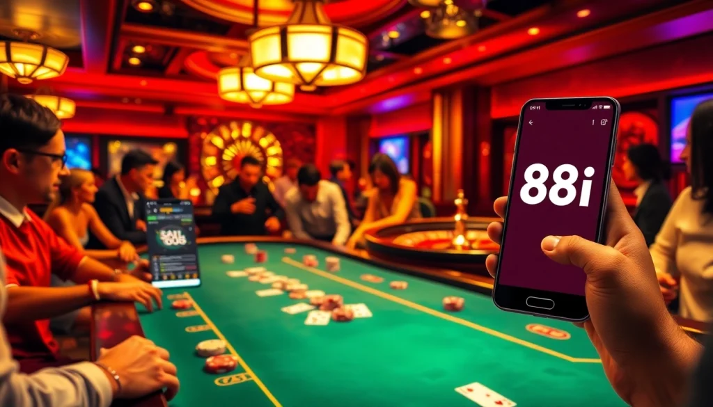 Players enjoying high-stakes poker at an 88i casino table, with chips and cards highlighted.