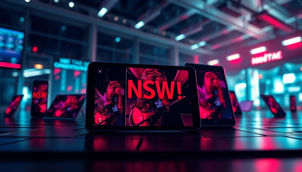 NSFW digital landscape showcasing devices with vibrant adult-themed graphics.