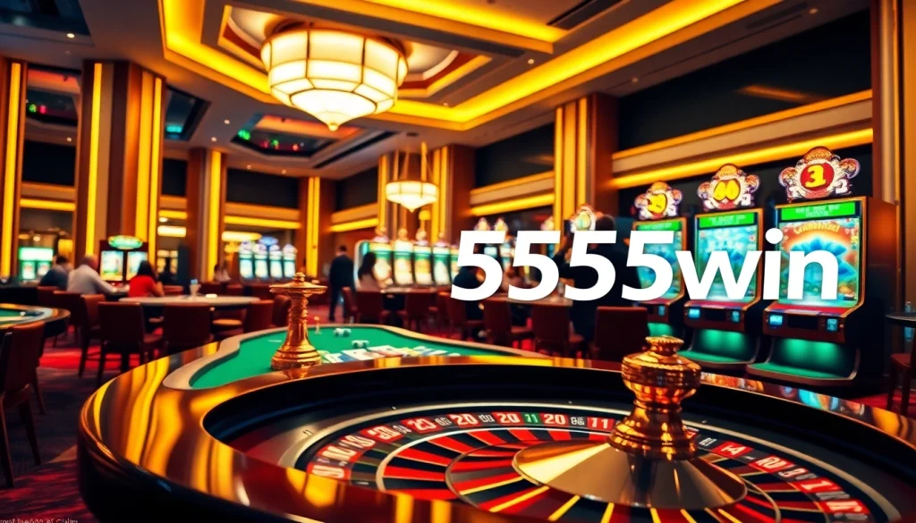 Casual gamblers enjoying poker and roulette at a luxurious 555win casino, vibrant atmosphere.
