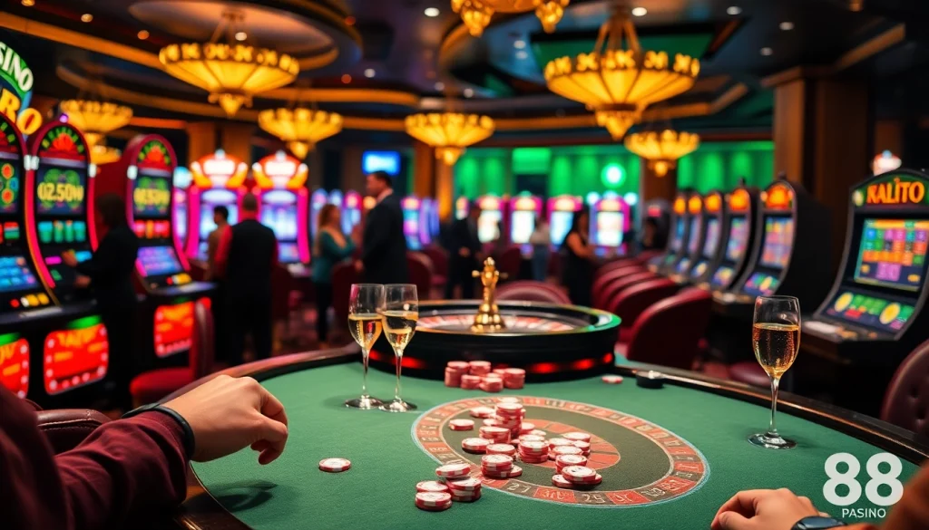 Experience the thrill of uu88 at a luxury casino with poker tables and vibrant slot machines.
