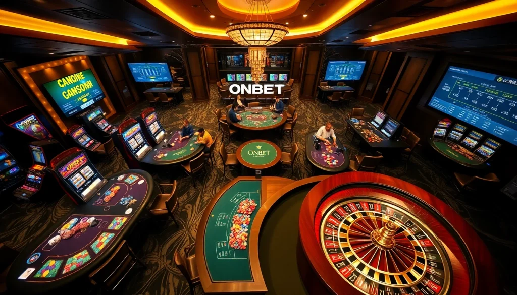 Players enjoying games at ONBET casino with vibrant slot machines and poker tables.