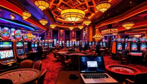 Illustration of a bustling casino featuring slot machines and a 'Mag Login' screen, showcasing an engaging gambling scene.