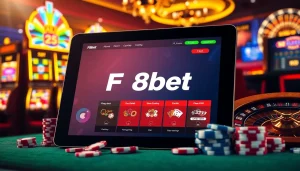 F8bet players engaging with colorful casino tables and exciting slot machines in a vibrant gaming atmosphere.