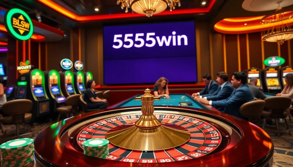 Players engaging in thrilling games at 555win casino, showcasing poker chips and a roulette wheel.