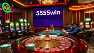 Players engaging in thrilling games at 555win casino, showcasing poker chips and a roulette wheel.