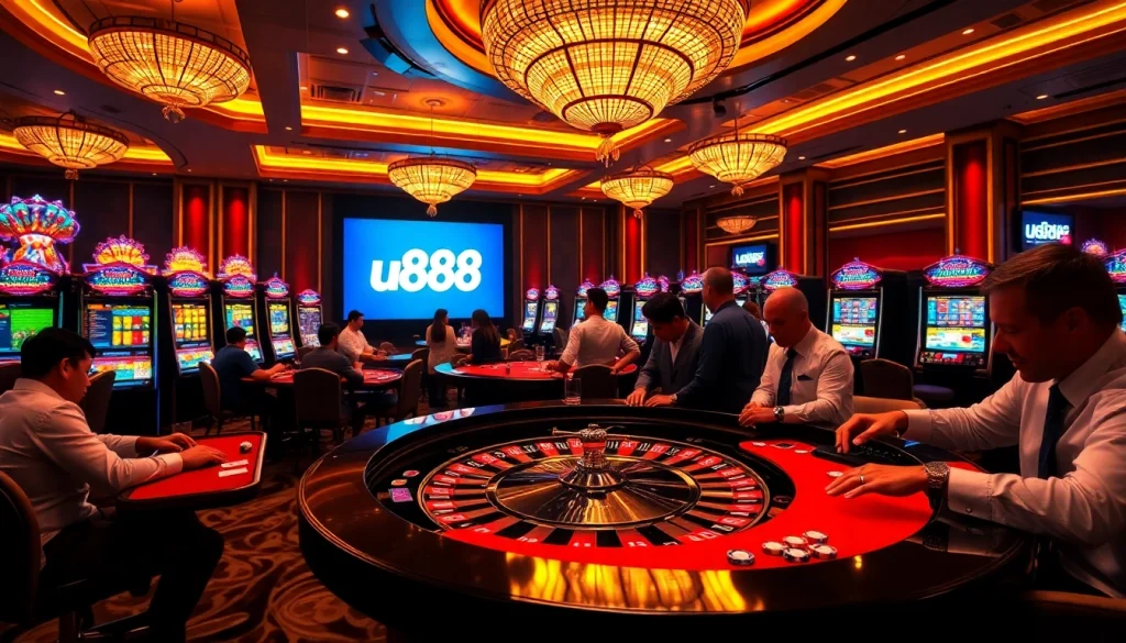 Experience the thrill of u888 with an exciting casino scene featuring roulette, poker, and vibrant slot machines.