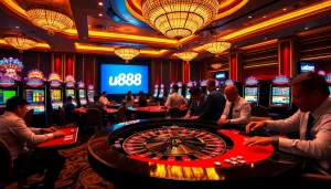 Experience the thrill of u888 with an exciting casino scene featuring roulette, poker, and vibrant slot machines.