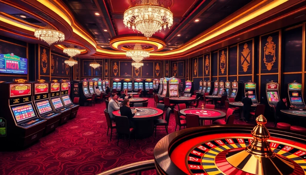 An exciting scene at New88 casino with players engaged in various games, showcasing vibrant tables and slot machines.