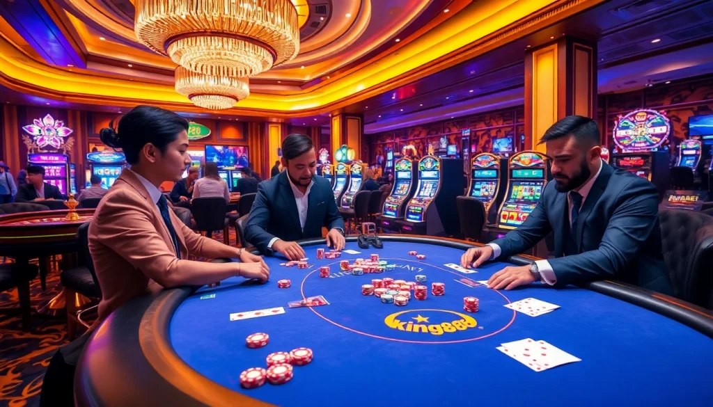 Experience the excitement of king88 nha cai at a lavish poker table filled with high-stakes players and vibrant casino elements.