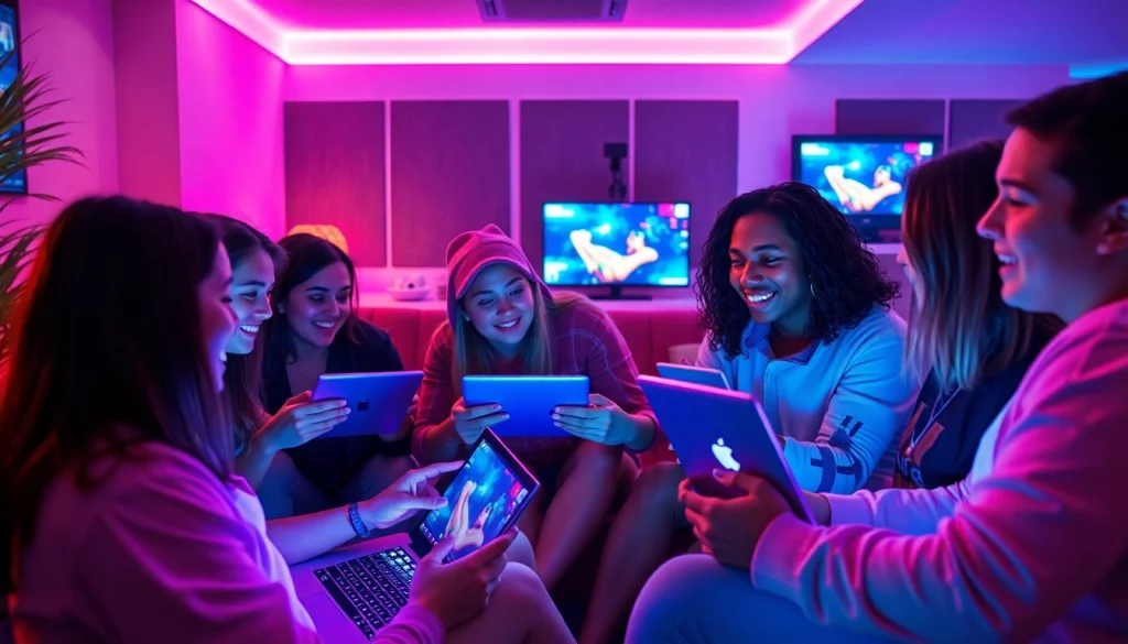 Engaging scene of players enjoying sex games on various devices in a cozy gaming lounge.