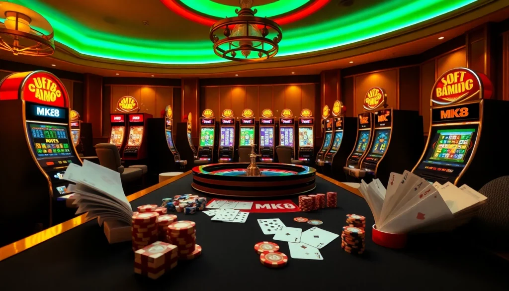 Exciting MK8 online casino scene with vibrant slots and poker chips on a luxurious casino table.