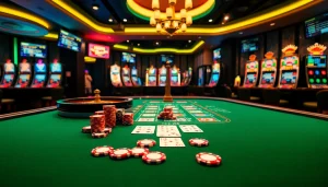 Cảnh casino đầy hứng khởi giới thiệu ứng dụng Bet VIP với bàn chơi hiện đại, chip và bài.