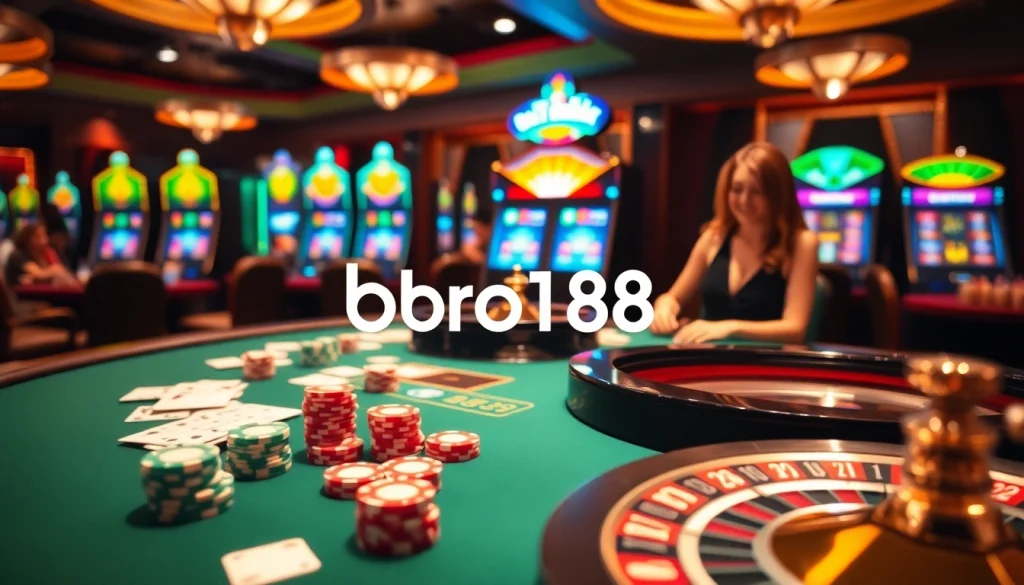Experience thrilling gameplay at bro138's exciting casino tables with vibrant poker chips.