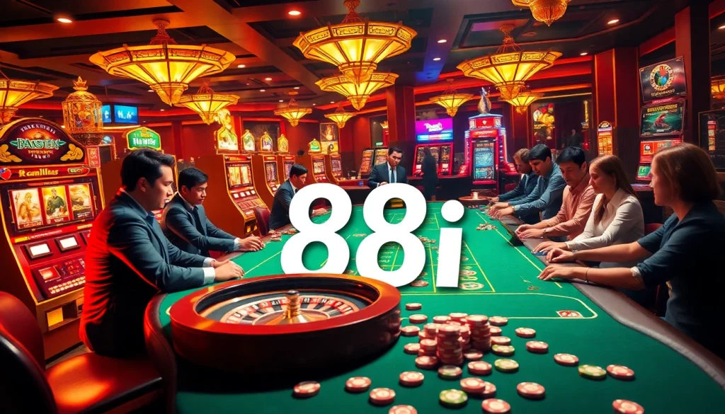 Experience the excitement of 88i casino with players at poker tables, spinning roulette wheels, and vibrant slot machines.