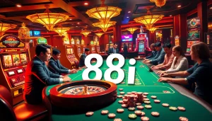 Experience the excitement of 88i casino with players at poker tables, spinning roulette wheels, and vibrant slot machines.