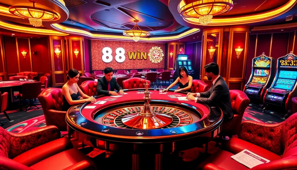 Exciting gaming scene at 58win casino with poker, roulette, and vibrant slot machines.