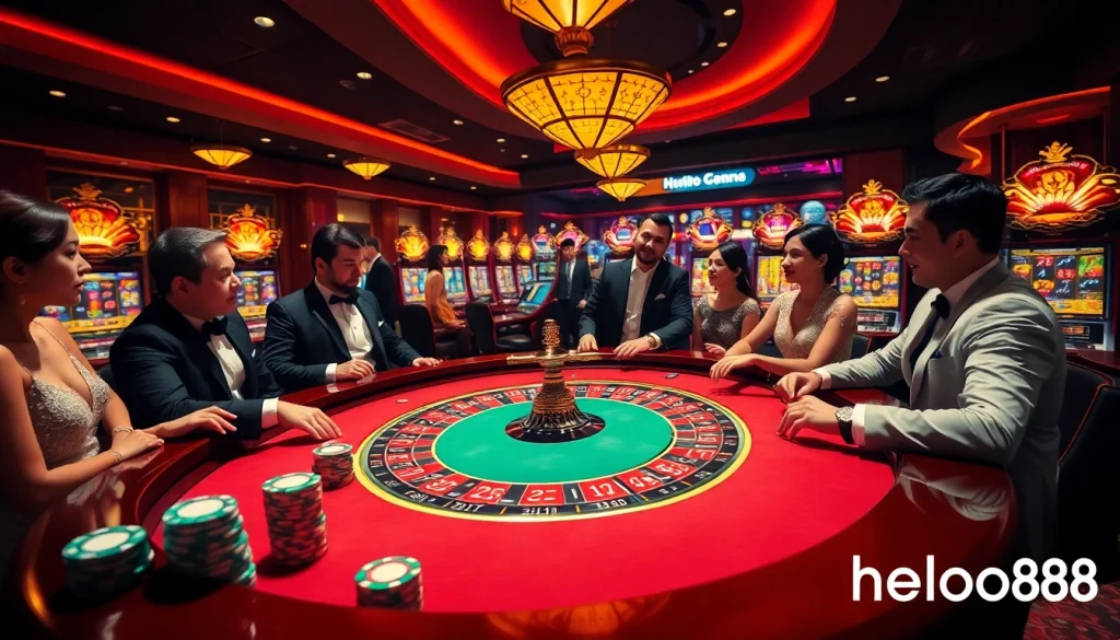 Players enjoying a thrilling roulette game at Helloo88 casino with vibrant lighting and excitement.