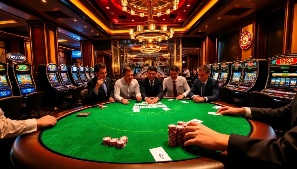Players enjoying a game at a luxurious Betwin88 casino, featuring poker and roulette tables.