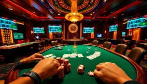 Sbobet betting action at a thrilling poker table with vibrant chips and cards.