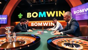 BOMWIN showcases high-stakes poker excitement with vibrant chips and professional players.