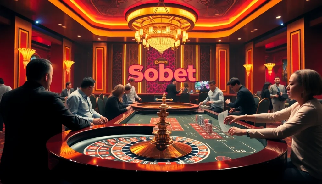 Sbobet login interface in an exciting casino setting showcasing vibrant betting action and luxury.