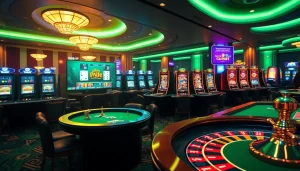 Experience the excitement of 68VIP online casino with vibrant poker, slot machines, and roulette wheels.