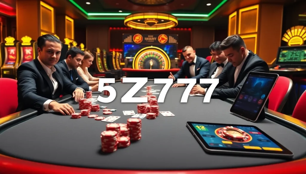 Gamblers engaging with poker chips and cards at a casino table, exemplifying the thrill of 5Z777 gaming.