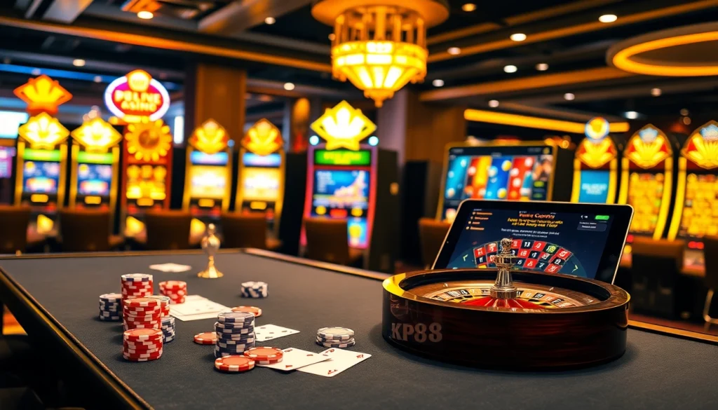 KP88 players engaging in thrilling casino games at a luxurious table with poker chips.