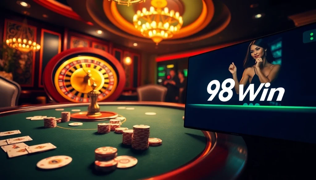 Experience the thrill of winning at 98Win's vibrant casino table with poker chips and cards.
