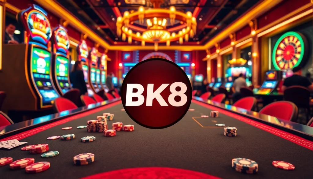 Experience thrilling games at BK8 with poker chips and vibrant casino tables.