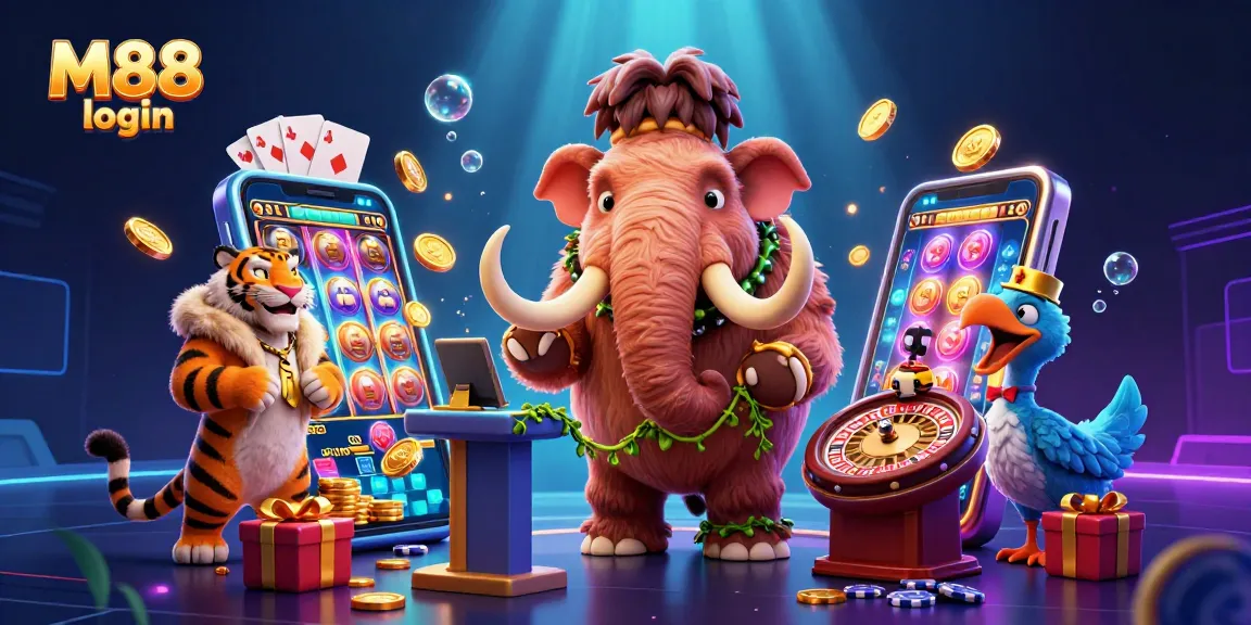 M88 login and jackpot excitement come alive in a dynamic casino scene with vibrant characters.