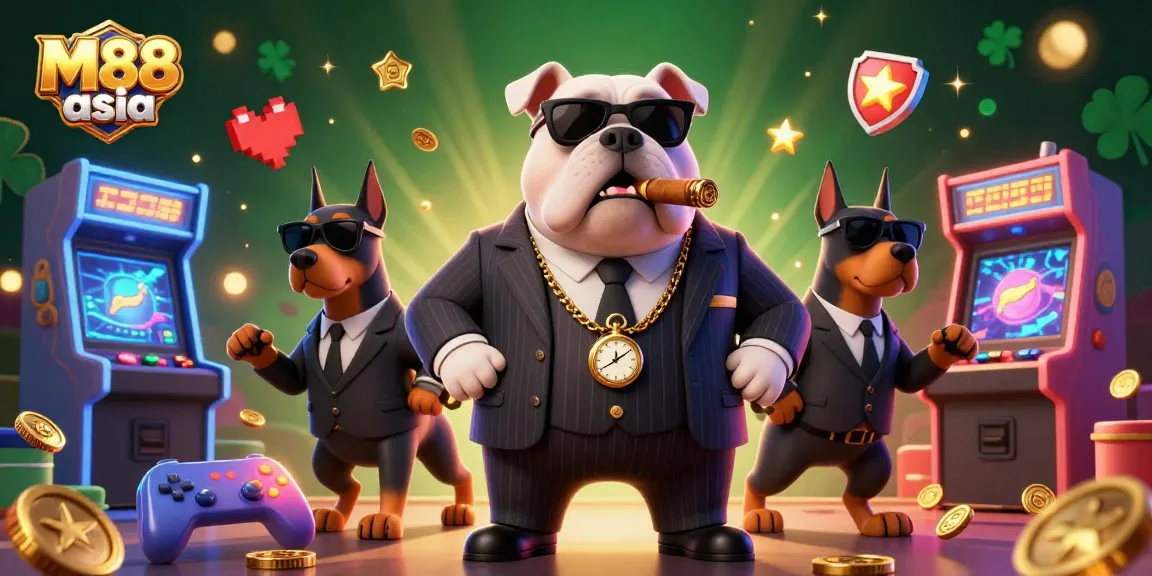 Engage with M88 asia in a vibrant, dynamic casino scene bursting with action and game elements.