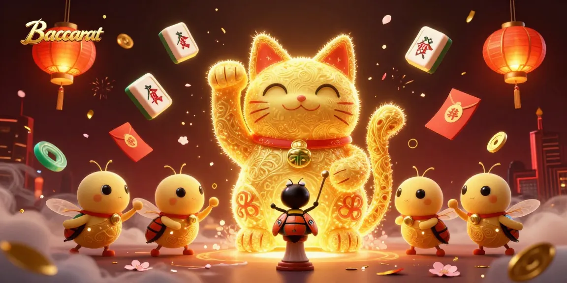 Baccarat game scene featuring golden fireflies, lucky cat, and floating casino symbols.