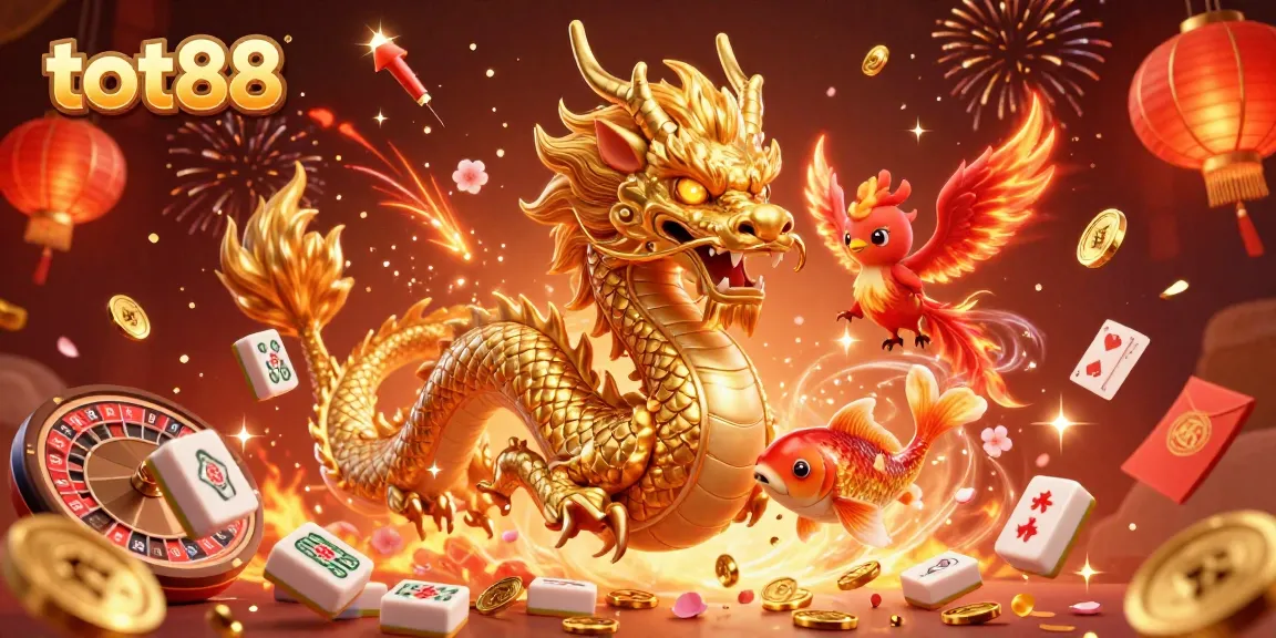 Experience the thrill of tot88 with a dynamic 3D casino scene featuring a dragon and a phoenix.