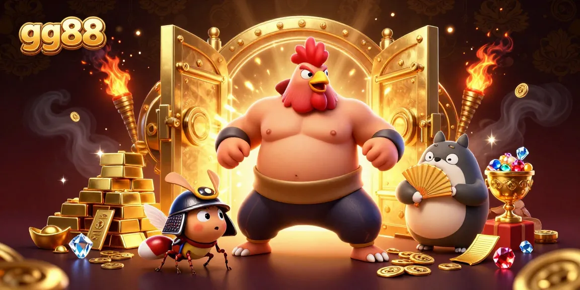 Engage with the thrilling games at gg88, illustrated with a dynamic casino scene full of treasures and action.